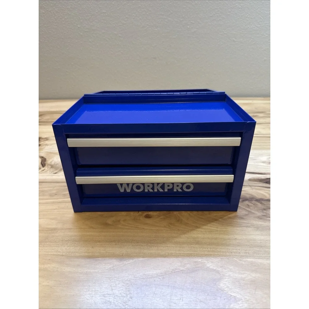 WORKPRO Blue Mini Tool Box 2-Drawer Steel Chest Makeup Jewelry Organizer
